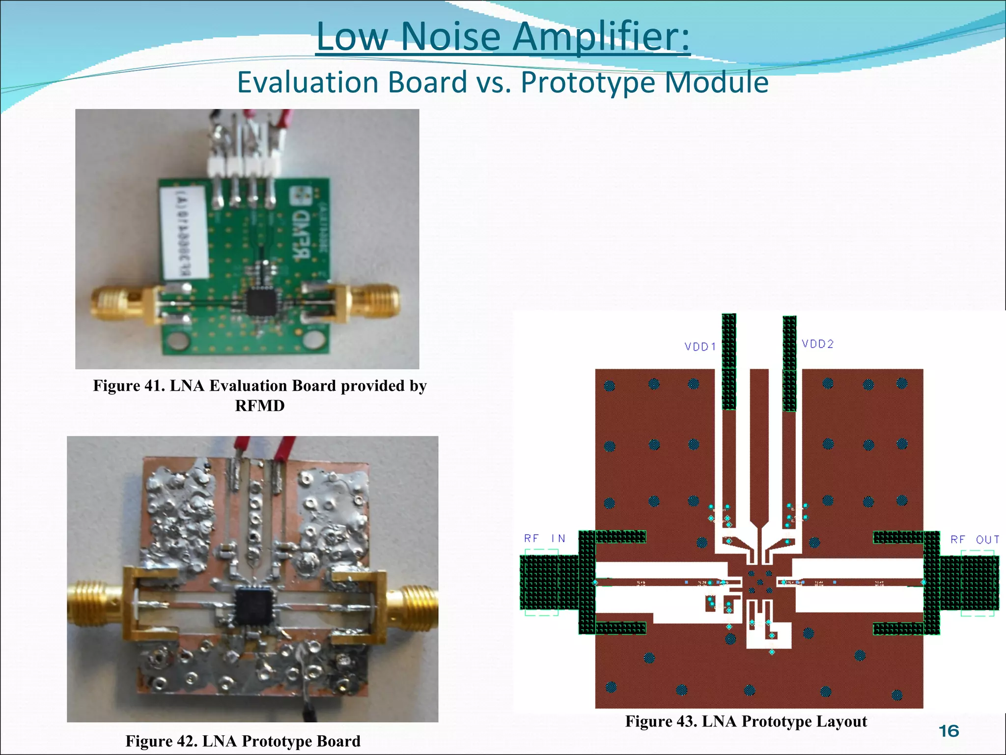 Low Noise Amplifier: Evaluation Board vs. Prototype Module Figure 41. LNA Evaluation Board provided by RFMD Figure 42. LNA Prototype Board Figure 43. LNA Prototype Layout 
