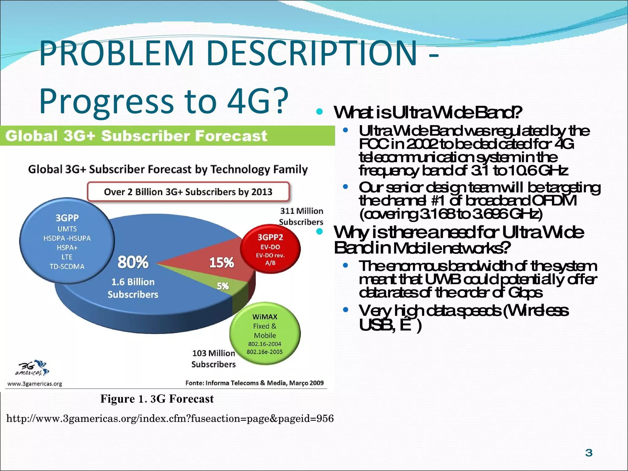 PROBLEM DESCRIPTION -  Progress to 4G? What is Ultra Wide Band? Ultra Wide Band was regulated by the FCC in 2002 to be dedicated for 4G telecommunication system in the frequency band of 3.1 to 10.6 GHz Our senior design team will be targeting the channel #1 of broadband OFDM (covering 3.168 to 3.696 GHz) Why is there a need for Ultra Wide Band in  Mobile networks ? The enormous bandwidth of the system meant that UWB could potentially offer data rates of the order of Gbps Very high data speeds ( Wireless USB, …) http://www.3gamericas.org/index.cfm?fuseaction=page&pageid=956 Figure 1. 3G Forecast 