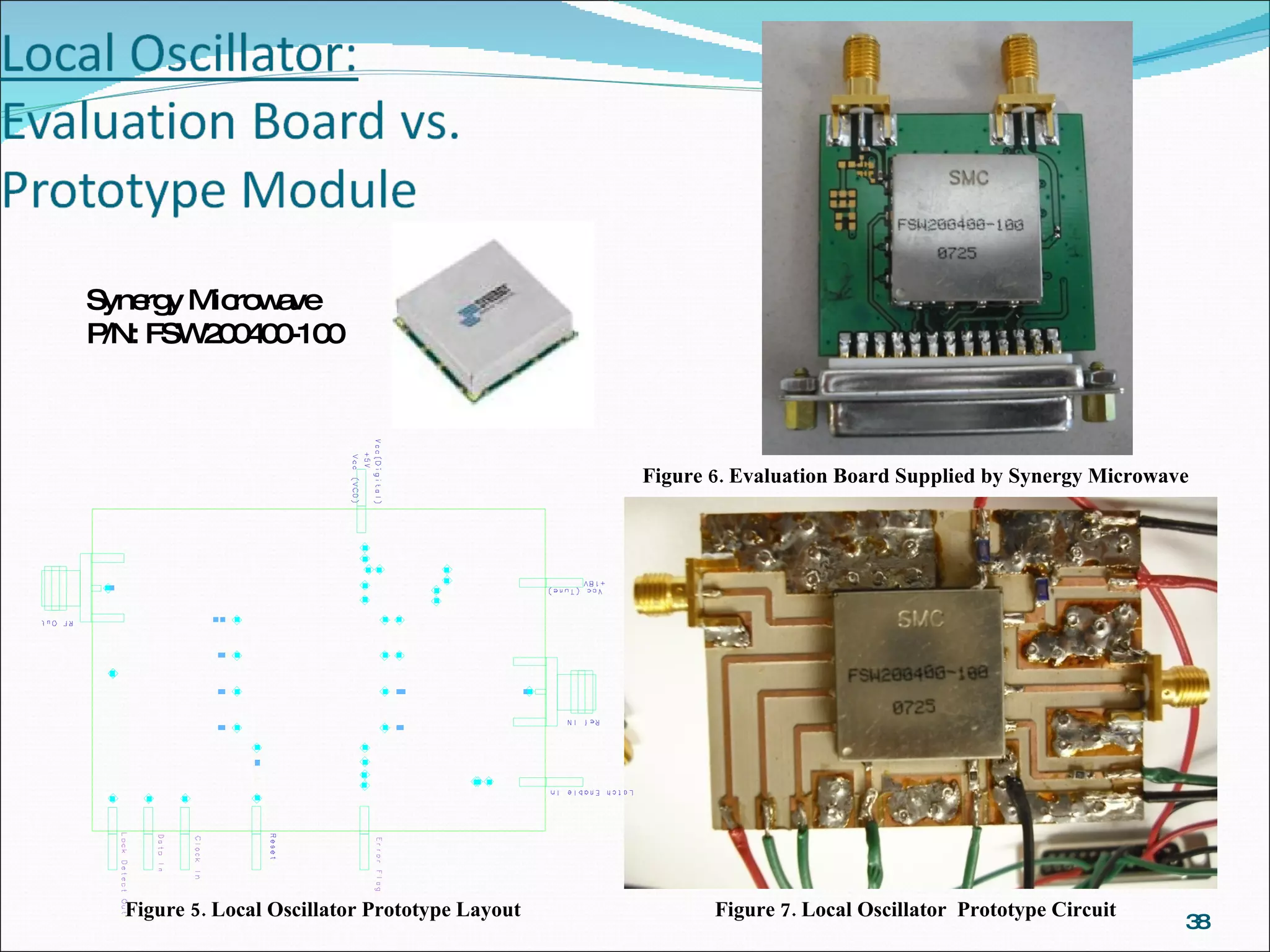 Figure 5. Local Oscillator Prototype Layout Figure 7. Local Oscillator  Prototype Circuit Figure 6. Evaluation Board Supplied by Synergy Microwave Synergy Microwave P/N: FSW200400-100 
