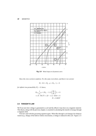 22 MAGNETICS 
1.4 
1.2 
1.0 
0.8 
B 
0.6 
(T) 
0.4 
0.2 
-H (kA/m) 
Fig. 2.8 Minor loops on a hysteresis curve 
Since the cross section is uniform, B is the same everywhere, and there is no current: 
Hi ¢ 0:2 + Hg ¢ g + Hm ¢ li = 0 
for infinite iron permeability Hi = 0, hence, 
Bair 
1 
¹o 
g + (Bm ¡ 1:1) 
µ 
Hc 
Br 
¶ 
li = 0 
) B ¢ 795:77 + (B ¡ 1:1) ¢ 6818 = 0 
B = 0:985T 
2.5 FARADAY’S LAW 
We’ll see now how voltage is generated in a coil and the effects it may have on a magnetic material. 
This theory, along with the previous chapter, is essential in calculating the transfer of energy through 
a magnetic field. 
First let’s start with the governing equation again. When flux through a coil changes for whatever 
reason (e.g. change of the field or relative movement), a voltage is induced in this coil. Figure 2.11 
 