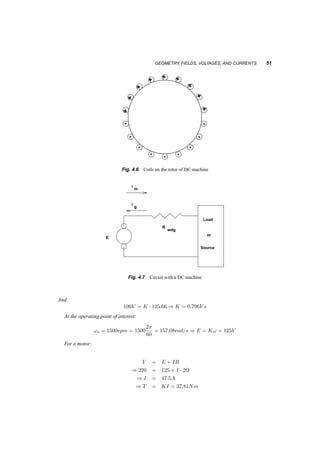 50 CONCEPTS OF ELECTRICAL MACHINES; DC MOTORS 
Copper Half Ring 
Brush 
rotating with the 
coil 
V 
Stationary 
Coil 
B 
Fig. 4.4 A coil of a DC motor and a commutator with brushes 
0 100 200 300 400 500 600 700 
1.5 
1 
0.5 
0 
vcoil 
−0.5 
−1 
−1.5 
0 100 200 300 400 500 600 700 
1.5 
1 
0.5 
0 
vterm 
−0.5 
−1 
−1.5 
Fig. 4.5 Induced voltage in a coil and terminal voltage in an elementary DC machine 
but ! is 1200 rpm, or in SI units: 
! = 1200 
2¼ 
60 
= 125:66rad=s 
 
