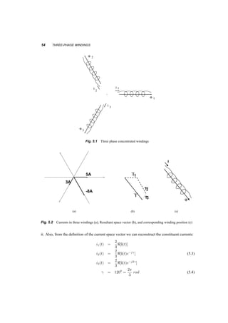5 
Three­phase 
Windings 
Understanding the geometry and operation of windings in AC machines is essential in understanding 
how these machines operate. We introduce here the concept of Space Vectors, (or Space Phasors) in 
its general form, and we see how they are applied to three­phase 
windings. 
5.1 CURRENT SPACE VECTORS 
Let us assume that in a uniformly permeable space we have placed three identical windings as shown 
in figure 5.1. Each carries a time dependent current, i1(t), i2(t) and i3(t). We require that: 
i1(t) + i2(t) + i3(t) ´ 0 (5.1) 
Each current produces a flux in the direction of the coil axis, and if we assume the magnetic 
medium to be linear, we can find the total flux by adding the individual fluxes. This means that we 
could produce the same flux by having only one coil, identical to the three, but placed in the direction 
of the total flux, carrying an appropriate current. Figure 5.2 shows such a set of coils carrying for 
i1 = 5A, i2 = ¡8A and i3¡ = 3A and the resultant coil. 
To calculate the direction of the resultant one coil and the current it should carry, all we have to 
do is create three vectors, each in the direction of one coil, and of amplitude equal to the current of 
each coil. The sum of these vectors will give the direction of the total flux and hence of the one coil 
that will replace the three. The amplitude of the vectors will be that of the current of each coil. 
Let us assume that the coils are placed at angles 00, 1200 and 2400. Then their vectorial sum will 
be: 
i = i 
6 Á = i1 + i2ej1200 + i3ej2400 (5.2) 
We call i, defined thus, a space vector, and we notice that if the currents i1, i2 and i3 are functions 
of time, so will be the amplitude and the angle of i. By projecting the three constituting currents on 
the horizontal and vertical axis, we can find the real (id = [i]) and imaginary (iq = =[i]) parts of 
53 
 