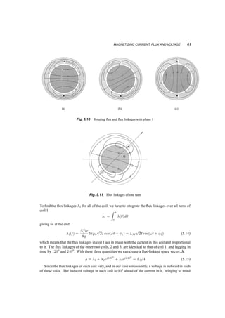 60 THREE­PHASE 
WINDINGS 
i = i1 + i2ej1200 + i3ej2400 = 1:56 0A 
and later, when !t = 200 = ¼=9 rad, as shown in figure 5.9b, 
i1 = 0:939A 
i2 = ¡0:766A 
i3 = ¡0:174A 
i = i1 + i2ej1200 + i3ej2400 = 1:56 200 
A 
i 
i 
3 
= -0.5A 
i 
2 
= -0.5A 
i 
1 
= 1A 
_ 
(a) 
=-0.1737A 
3 
i 
_ 
i 
i 
2 
= -0.766A 
i = 0.9397A 
1 
(b) 
Fig. 5.9 Space vector movement for sinusoidal, symmetric three­phase 
currents 
5.4 MAGNETIZING CURRENT, FLUX AND VOLTAGE 
Let us now see what results this rotating flux has on the windings, using Faraday’s law. From this 
point on we’ll use sinusoidal symmetric three­phase 
quantities. 
We look again at our three real stationary windings linked by a rotating flux. For example, when 
the current is maximum in phase 1, the flux is as shown in figure 5.10a, linking all of the turns in 
phase 1. Later, the flux has rotated as shown in figure 5.10b, resulting in lower flux linkages with 
the phase 1 windings. When the flux has rotated 900, as in 5.10c the flux linkages with the phase 1 
winding are zero. 
To calculate the flux linkages ¸ we have to take a turn of the winding, placed at angle µ, as shown 
in figure 5.11. The flux through this coil is: 
©(t; µ) = 
Z µ 
µ¡¼ 
Bg(t; Á)dA = lr 
Z µ+ 
µ¡¼ 
Bg(t; Á)dÁ (5.13) 
But the number of turns linked by this flux is dns(µ) = ns(µ)dµ, so the flux linkages for these turns 
are: 
d¸ = ns(µ)dµ ¢ ©(µ) 
 