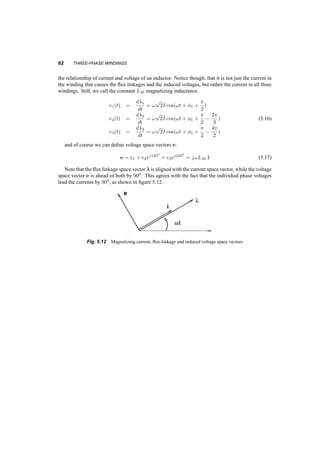 MAGNETIZING CURRENT, FLUX AND VOLTAGE 61 
(a) (b) (c) 
Fig. 5.10 Rotating flux and flux linkages with phase 1 
Fig. 5.11 Flux linkages of one turn 
To find the flux linkages ¸1 for all of the coil, we have to integrate the flux linkages over all turns of 
coil 1: 
¸1 = 
Z ¼ 
0 
¸(µ)dµ 
giving us at the end: 
¸1(t) = N2 
s lr 
8g 
3¼¹0 
p 
2I cos(!t + Á1) = LM 
p 
2I cos(!t + Á1) (5.14) 
which means that the flux linkages in coil 1 are in phase with the current in this coil and proportional 
to it. The flux linkages of the other two coils, 2 and 3, are identical to that of coil 1, and lagging in 
time by 1200 and 2400. With these three quantities we can create a flux­linkage 
space vector, ¸. 
¸ ´ ¸1 + ¸2ej1200 + ¸3ej2400 = LM i (5.15) 
Since the flux linkages of each coil vary, and in our case sinusoidally, a voltage is induced in each 
of these coils. The induced voltage in each coil is 900 ahead of the current in it, bringing to mind 
 