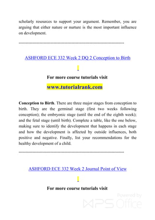 scholarly resources to support your argument. Remember, you are
arguing that either nature or nurture is the most important influence
on development.
----------------------------------------------------------------------------
ASHFORD ECE 332 Week 2 DQ 2 Conception to Birth
For more course tutorials visit
www.tutorialrank.com
Conception to Birth. There are three major stages from conception to
birth. They are the germinal stage (first two weeks following
conception); the embryonic stage (until the end of the eighth week);
and the fetal stage (until birth). Complete a table, like the one below,
making sure to identify the development that happens in each stage
and how the development is affected by outside influences, both
positive and negative. Finally, list your recommendations for the
healthy development of a child.
----------------------------------------------------------------------------
ASHFORD ECE 332 Week 2 Journal Point of View
For more course tutorials visit
 