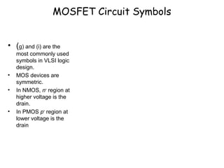 MOSFET Circuit Symbols
• (g) and (i) are the
most commonly used
symbols in VLSI logic
design.
• MOS devices are
symmetric.
• In NMOS, n+
region at
higher voltage is the
drain.
• In PMOS p+
region at
lower voltage is the
drain
 