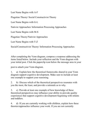 Last Name Begins with A-F
Piagetian Theory/ Social Constructivist Theory
Last Name Begins with G-L
Nativist Approaches/ Information Processing Approaches
Last Name Begins with M-S
Piagetian Theory/Nativist Approaches
Last Name Begins with T-Z
Social/Constructivist Theory/ Information Processing Approaches
After completing the Venn diagram, compose a response addressing the
items listed below. Include your reflection and the Venn diagram with
your initial post. Click the paperclip icon below the message area in your
post to attach your Venn diagram.
1. a) Explain how the theoretical frameworks shared in your Venn
diagram support cognitive development. Make sure to include at least
one example to support your reasoning.
2. b) Discuss which of the theoretical perspectives resonates with
you the most, the least, and provide a rationale as to why.
3. c) Provide at least one example of how knowledge of these
theoretical perspectives may influence your ability to provide quality
experiences that support cognitive development beginning with infants
and toddlers.
4. d) If you are currently working with children, explain how these
theories/approaches influence your work. If you are not currently
 