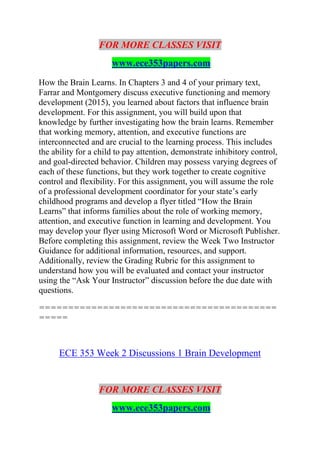 FOR MORE CLASSES VISIT
www.ece353papers.com
How the Brain Learns. In Chapters 3 and 4 of your primary text,
Farrar and Montgomery discuss executive functioning and memory
development (2015), you learned about factors that influence brain
development. For this assignment, you will build upon that
knowledge by further investigating how the brain learns. Remember
that working memory, attention, and executive functions are
interconnected and are crucial to the learning process. This includes
the ability for a child to pay attention, demonstrate inhibitory control,
and goal-directed behavior. Children may possess varying degrees of
each of these functions, but they work together to create cognitive
control and flexibility. For this assignment, you will assume the role
of a professional development coordinator for your state’s early
childhood programs and develop a flyer titled “How the Brain
Learns” that informs families about the role of working memory,
attention, and executive function in learning and development. You
may develop your flyer using Microsoft Word or Microsoft Publisher.
Before completing this assignment, review the Week Two Instructor
Guidance for additional information, resources, and support.
Additionally, review the Grading Rubric for this assignment to
understand how you will be evaluated and contact your instructor
using the “Ask Your Instructor” discussion before the due date with
questions.
=========================================
=====
ECE 353 Week 2 Discussions 1 Brain Development
FOR MORE CLASSES VISIT
www.ece353papers.com
 