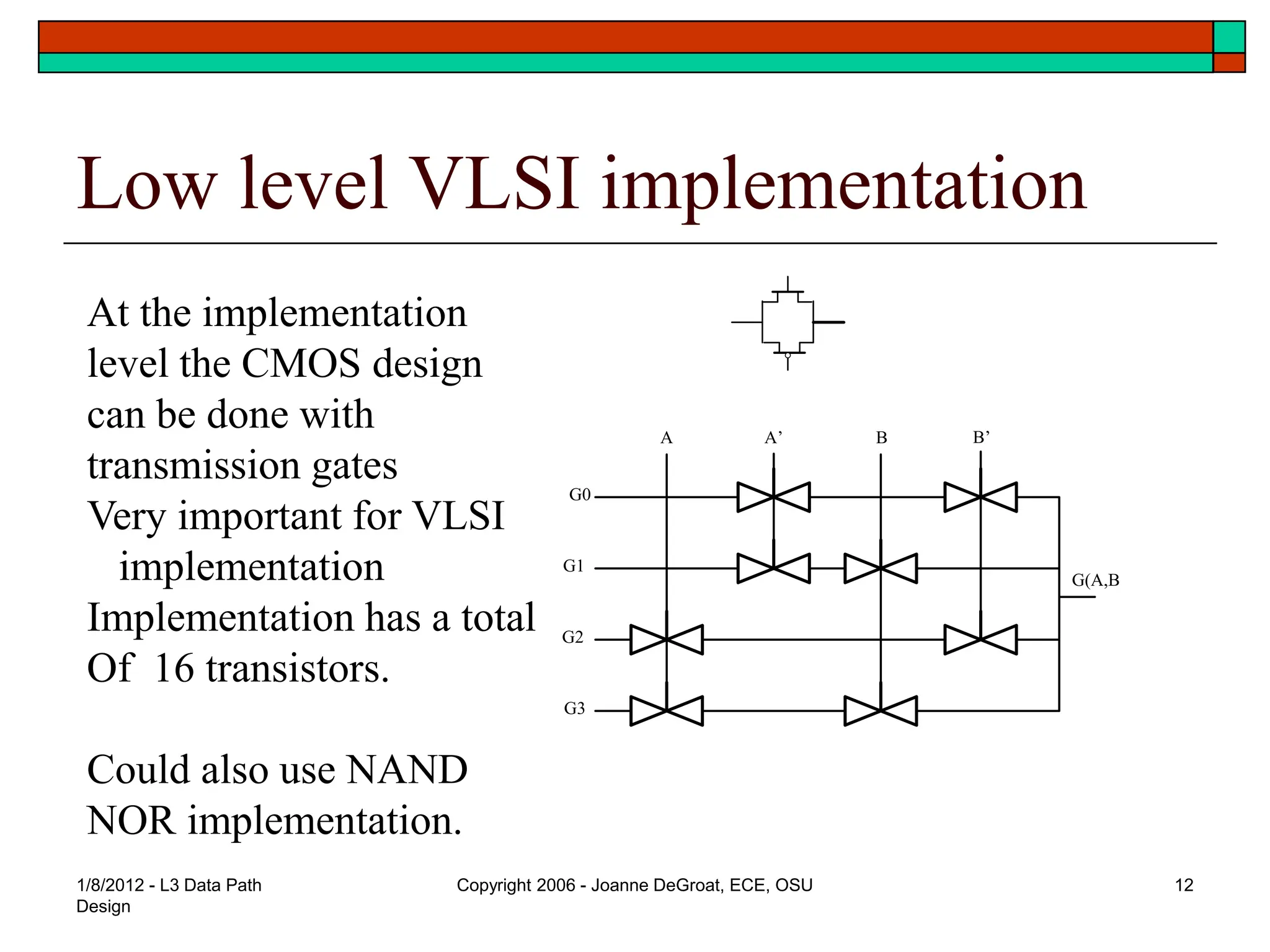 1/8/2012 - L3 Data Path
Design
Copyright 2006 - Joanne DeGroat, ECE, OSU 12
Low level VLSI implementation
G0
G1
G2
G3
A B B’
A’
G(A,B
At the implementation
level the CMOS design
can be done with
transmission gates
Very important for VLSI
implementation
Implementation has a total
Of 16 transistors.
Could also use NAND
NOR implementation.
 