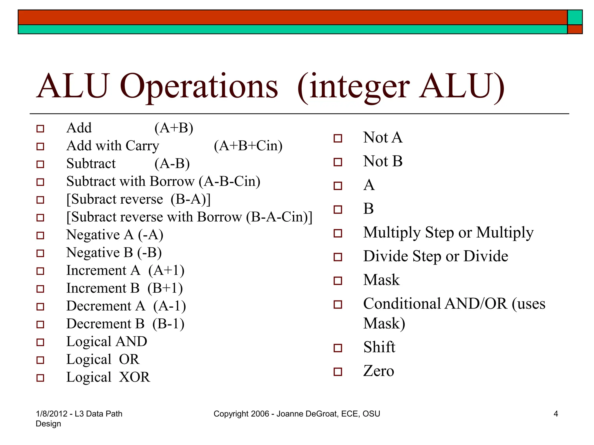 1/8/2012 - L3 Data Path
Design
Copyright 2006 - Joanne DeGroat, ECE, OSU 4
ALU Operations (integer ALU)
 Add (A+B)
 Add with Carry (A+B+Cin)
 Subtract (A-B)
 Subtract with Borrow (A-B-Cin)
 [Subract reverse (B-A)]
 [Subract reverse with Borrow (B-A-Cin)]
 Negative A (-A)
 Negative B (-B)
 Increment A (A+1)
 Increment B (B+1)
 Decrement A (A-1)
 Decrement B (B-1)
 Logical AND
 Logical OR
 Logical XOR
 Not A
 Not B
 A
 B
 Multiply Step or Multiply
 Divide Step or Divide
 Mask
 Conditional AND/OR (uses
Mask)
 Shift
 Zero
 