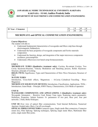 R-19 Syllabus for ECE - JNTUK w. e. f. 2019 – 20
JAWAHARLAL NEHRU TECHNOLOGICAL UNIVERSITY: KAKINADA
KAKINADA – 533 003, Andhra Pradesh, India
DEPARTMENT OF ELECTRONICS AND COMMUNICATION ENGINEERING
IV Year - I Semester L T P C
3 0 0 3
MICROWAVE and OPTICAL COMMUNICATION ENGINEERING
Course Objectives:
The student will able to
 Understand fundamental characteristics of waveguides and Micro strip lines through
electromagnetic fieldanalysis.
 Understand the basic properties of waveguide components and Ferrite materials
composition
 Understand the function, design, and integration of the major microwave components
oscillators, poweramplifier.
 Understand a Microwave test bench setup formeasurements.
UNIT I
MICROWAVE TUBES (Qualitative treatment only): Cavities, Re-entrant Cavities, Two
Cavity Klystrons-Structure, Velocity Modulation and Bunching process, Reflex Klystrons-
Structure, principle of working.
HELIX TWTS: Significance, Types and Characteristics of Slow Wave Structures; Structure of
TWT.
M-TYPE TUBES
Introduction, Cross-field effects, Magnetrons – 8-Cavity Cylindrical Travelling Wave
Magnetron.
MICROWAVE SOLID STATE DEVICES: Introduction, Classification, Applications. TEDs –
Introduction, Gunn Diode – Principle, RWH Theory, Characteristics, LSA Mode of operation
UNIT II
WAVEGUIDE COMPONENTS AND APPLICATIONS- I (Qualitative treatment only):
Waveguide Attenuators – Resistive Card, Rotary Vane types, Scattering matrix parameters:
Definition, Properties, Salient Features -S- parameters of two port, three port, four port
networks. 2 Hole, Bethe Holetypes.
UNIT III Over view of optical fiber communication, Total Internal Reflection, Numerical
Aperture, Graded index fibers, Cut off wavelength.
OPTICAL FIBER CONNECTORS-Connector types, Single mode fiber connectors, Connector
return loss, Fiber Splicing- Splicing techniques, Splicing single mode fibers, Multimode fiber
joints, single mode fiber joints.
 