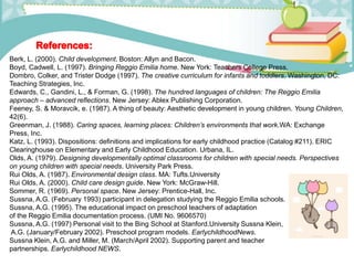 Berk, L. (2000). Child development. Boston: Allyn and Bacon.
Boyd, Cadwell, L. (1997). Bringing Reggio Emilia home. New York: Teachers College Press.
Dombro, Colker, and Trister Dodge (1997). The creative curriculum for infants and toddlers. Washington, DC:
Teaching Strategies, Inc.
Edwards, C., Gandini, L., & Forman, G. (1998). The hundred languages of children: The Reggio Emilia
approach – advanced reflections. New Jersey: Ablex Publishing Corporation.
Feeney, S. & Moravcik, e. (1987). A thing of beauty: Aesthetic development in young children. Young Children,
42(6).
Greenman, J. (1988). Caring spaces, learning places: Children’s environments that work.WA: Exchange
Press, Inc.
Katz, L. (1993). Dispositions: definitions and implications for early childhood practice (Catalog #211). ERIC
Clearinghouse on Elementary and Early Childhood Education. Urbana, IL.
Olds, A. (1979). Designing developmentally optimal classrooms for children with special needs. Perspectives
on young children with special needs. University Park Press.
Rui Olds, A. (1987). Environmental design class. MA: Tufts.University
Rui Olds, A. (2000). Child care design guide. New York: McGraw-Hill.
Sommer, R. (1969). Personal space. New Jersey: Prentice-Hall, Inc.
Sussna, A.G. (February 1993) participant in delegation studying the Reggio Emilia schools.
Sussna, A.G. (1995). The educational impact on preschool teachers of adaptation
of the Reggio Emilia documentation process. (UMI No. 9606570)
Sussna, A.G. (1997) Personal visit to the Bing School at Stanford.University Sussna Klein,
A.G. (January/February 2002). Preschool program models. EarlychildhoodNews.
Sussna Klein, A.G. and Miller, M. (March/April 2002). Supporting parent and teacher
partnerships. Earlychildhood NEWS.
 