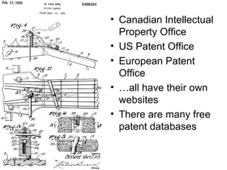Canadian Intellectual Property Office US Patent Office European Patent Office … all have their own websites There are many free patent databases 