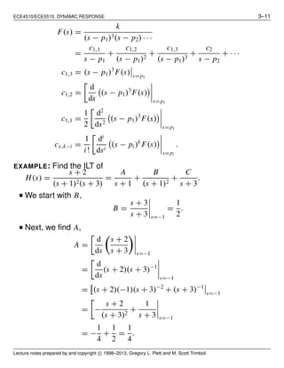 ECE4510/ECE5510, DYNAMIC RESPONSE 3–11
F(s) =
k
(s − p1)3(s − p2) · · ·
=
c1,1
s − p1
+
c1,2
(s − p1)2
+
c1,3
(s − p1)3
+
c2
s − p2
+ · · ·
c1,3 = (s − p1)3
F(s) s=p1
c1,2 =
d
ds
(s − p1)3
F(s)
s=p1
c1,1 =
1
2
d2
ds2
(s − p1)3
F(s)
s=p1
cx,k−i =
1
i!
di
dsi
(s − pi)k
F(s)
s=pi
.
EXAMPLE: Find the ILT of
H(s) =
s + 2
(s + 1)2(s + 3)
=
A
s + 1
+
B
(s + 1)2
+
C
s + 3
.
■ We start with B,
B =
s + 3
s + 3 s=−1
=
1
2
.
■ Next, we ﬁnd A,
A =
d
ds
s + 2
s + 3 s=−1
=
d
ds
(s + 2)(s + 3)−1
s=−1
= (s + 2)(−1)(s + 3)−2
+ (s + 3)−1
s=−1
= −
s + 2
(s + 3)2
+
1
s + 3 s=−1
= −
1
4
+
1
2
=
1
4
.
Lecture notes prepared by and copyright c⃝ 1998–2013, Gregory L. Plett and M. Scott Trimboli
 