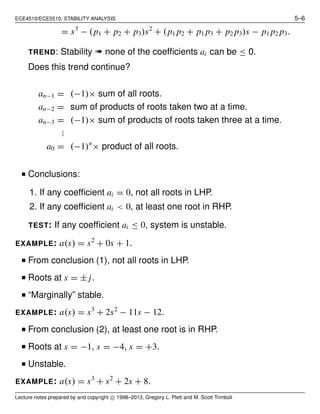 ECE4510/ECE5510, STABILITY ANALYSIS 5–6
= s3
− (p1 + p2 + p3)s2
+ (p1 p2 + p1 p3 + p2 p3)s − p1 p2 p3.
TREND: Stability « none of the coefﬁcients ai can be ≤ 0.
Does this trend continue?
an−1 = (−1)× sum of all roots.
an−2 = sum of products of roots taken two at a time.
an−3 = (−1)× sum of products of roots taken three at a time.
...
a0 = (−1)n
× product of all roots.
I Conclusions:
1. If any coefﬁcient ai = 0, not all roots in LHP.
2. If any coefﬁcient ai < 0, at least one root in RHP.
TEST: If any coefﬁcient ai ≤ 0, system is unstable.
EXAMPLE: a(s) = s2
+ 0s + 1.
I From conclusion (1), not all roots in LHP.
I Roots at s = ± j.
I “Marginally” stable.
EXAMPLE: a(s) = s3
+ 2s2
− 11s − 12.
I From conclusion (2), at least one root is in RHP.
I Roots at s = −1, s = −4, s = +3.
I Unstable.
EXAMPLE: a(s) = s3
+ s2
+ 2s + 8.
Lecture notes prepared by and copyright c 1998–2013, Gregory L. Plett and M. Scott Trimboli
 
