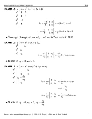 ECE4510/ECE5510, STABILITY ANALYSIS 5–8
EXAMPLE: a(s) = s3
+ s2
+ 2s + 8.
s3
1 2
s2
1 8
s1
−6
s0
8 b1 =
−1
1
1 2
1 8
= −(8 − 2) = −6
c1 =
−1
−6
1 8
−6 0
=
1
6
(0 + 6 × 8) = 8
I Two sign changes (1 → −6, −6 → 8) Two roots in RHP.
EXAMPLE: a(s) = s2
+ a1s + a0.
s2
1 a0
s1
a1
s0
a0
b1 =
−1
a1
1 a0
a1 0
=
−1
a1
(0 − a0a1) = a0
I Stable iff a1 > 0, a0 > 0.
EXAMPLE: a(s) = s3
+ a2s2
+ a1s + a0.
s3
1 a1
s2
a2 a0
s1
a1 −
a0
a2
s0
a0
b1 =
−1
a2
1 a1
a2 a0
=
−1
a2
(a0 − a1a2)
= a1 −
a0
a2
c1 =
−1
b1
a2 a0
b1 0
=
−1
b1
(−a0b1) = a0.
I Stable iff a2 > 0, a0 > 0, a1 >
a0
a2
.
Lecture notes prepared by and copyright c 1998–2013, Gregory L. Plett and M. Scott Trimboli
 