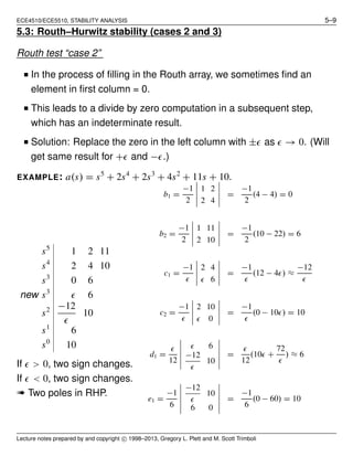 ECE4510/ECE5510, STABILITY ANALYSIS 5–9
5.3: Routh–Hurwitz stability (cases 2 and 3)
Routh test “case 2”
I In the process of ﬁlling in the Routh array, we sometimes ﬁnd an
element in ﬁrst column = 0.
I This leads to a divide by zero computation in a subsequent step,
which has an indeterminate result.
I Solution: Replace the zero in the left column with ± as → 0. (Will
get same result for + and − .)
EXAMPLE: a(s) = s5
+ 2s4
+ 2s3
+ 4s2
+ 11s + 10.
s5
1 2 11
s4
2 4 10
s3
0 6
new s3
6
s2 −12
10
s1
6
s0
10
If > 0, two sign changes.
If < 0, two sign changes.
« Two poles in RHP.
b1 =
−1
2
1 2
2 4
=
−1
2
(4 − 4) = 0
b2 =
−1
2
1 11
2 10
=
−1
2
(10 − 22) = 6
c1 =
−1 2 4
6
=
−1
(12 − 4 ) ≈
−12
c2 =
−1 2 10
0
=
−1
(0 − 10 ) = 10
d1 =
12
6
−12
10
=
12
(10 +
72
) ≈ 6
e1 =
−1
6
−12
10
6 0
=
−1
6
(0 − 60) = 10
Lecture notes prepared by and copyright c 1998–2013, Gregory L. Plett and M. Scott Trimboli
 