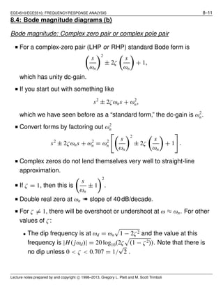 ECE4510/ECE5510, FREQUENCY-RESPONSE ANALYSIS 8–11
8.4: Bode magnitude diagrams (b)
Bode magnitude: Complex zero pair or complex pole pair
■ For a complex-zero pair (LHP or RHP) standard Bode form is
s
ωn
2
± 2ζ
s
ωn
+ 1,
which has unity dc-gain.
■ If you start out with something like
s2
± 2ζωns + ω2
n,
which we have seen before as a “standard form,” the dc-gain is ω2
n.
■ Convert forms by factoring out ω2
n
s2
± 2ζωns + ω2
n = ω2
n
s
ωn
2
± 2ζ
s
ωn
+ 1 .
■ Complex zeros do not lend themselves very well to straight-line
approximation.
■ If ζ = 1, then this is
s
ωn
± 1
2
.
■ Double real zero at ωn ➠ slope of 40 dB/decade.
■ For ζ ̸= 1, there will be overshoot or undershoot at ω ≈ ωn. For other
values of ζ:
• The dip frequency is at ωd = ωn 1 − 2ζ2 and the value at this
frequency is |H( jωd)| = 20 log10(2ζ (1 − ζ2)). Note that there is
no dip unless 0 < ζ < 0.707 = 1/
√
2 .
Lecture notes prepared by and copyright c⃝ 1998–2013, Gregory L. Plett and M. Scott Trimboli
 