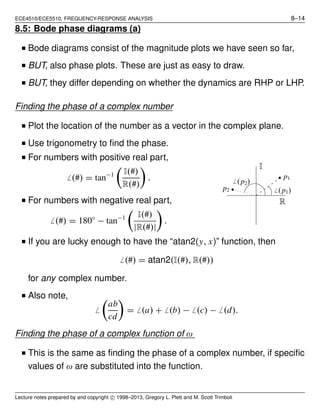 ECE4510/ECE5510, FREQUENCY-RESPONSE ANALYSIS 8–14
8.5: Bode phase diagrams (a)
■ Bode diagrams consist of the magnitude plots we have seen so far,
■ BUT, also phase plots. These are just as easy to draw.
■ BUT, they differ depending on whether the dynamics are RHP or LHP.
Finding the phase of a complex number
■ Plot the location of the number as a vector in the complex plane.
■ Use trigonometry to ﬁnd the phase.
■ For numbers with positive real part,
̸ (#) = tan−1 I(#)
R(#)
.
■ For numbers with negative real part,
̸ (#) = 180◦
− tan−1 I(#)
|R(#)|
.
R
I
p1
̸ (p1)p2
̸ (p2)
■ If you are lucky enough to have the “atan2(y, x)” function, then
̸ (#) = atan2(I(#), R(#))
for any complex number.
■ Also note,
̸
ab
cd
= ̸ (a) + ̸ (b) − ̸ (c) − ̸ (d).
Finding the phase of a complex function of ω
■ This is the same as ﬁnding the phase of a complex number, if speciﬁc
values of ω are substituted into the function.
Lecture notes prepared by and copyright c⃝ 1998–2013, Gregory L. Plett and M. Scott Trimboli
 