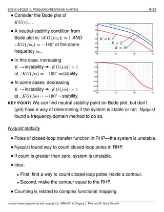 ECE4510/ECE5510, FREQUENCY-RESPONSE ANALYSIS 8–25
■ Consider the Bode plot of
K G(s). . .
■ A neutral-stability condition from
Bode plot is: |K G( jωo)| = 1 AND
̸ K G( jωo) = −180◦
at the same
frequency ωo.
■ In this case, increasing
K →instability ➠ |K G( jω)| < 1
at ̸ K G( jω) = −180◦
=stability.
■ In some cases, decreasing
K →instability ➠ |K G( jω)| > 1
at ̸ K G( jω) = −180◦
=stability.
10
−2
10
−1
10
0
10
1
−80
−60
−40
−20
0
20
40
10
−2
10
−1
10
0
10
1
−270
−240
−210
−180
−150
−120
−90
K = 2
K = 10
K = 0.1
KEY POINT: We can ﬁnd neutral stability point on Bode plot, but don’t
(yet) have a way of determining if the system is stable or not. Nyquist
found a frequency-domain method to do so.
Nyquist stability
■ Poles of closed-loop transfer function in RHP—the system is unstable.
■ Nyquist found way to count closed-loop poles in RHP.
■ If count is greater than zero, system is unstable.
■ Idea:
• First, ﬁnd a way to count closed-loop poles inside a contour.
• Second, make the contour equal to the RHP.
■ Counting is related to complex functional mapping.
Lecture notes prepared by and copyright c⃝ 1998–2013, Gregory L. Plett and M. Scott Trimboli
 