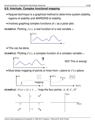 ECE4510/ECE5510, FREQUENCY-RESPONSE ANALYSIS 8–26
8.9: Interlude: Complex functional mapping
■ Nyquist technique is a graphical method to determine system stability,
regions of stability and MARGINS of stability.
■ Involves graphing complex functions of s as a polar plot.
EXAMPLE: Plotting f (x), a real function of a real variable x.
x
f (x)
■ This can be done.
EXAMPLE: Plotting F(s), a complex function of a complex variable s.
?
s
F(s)
NO! This is wrong!
■ Must draw mapping of points or lines from s-plane to F(s)-plane.
s0
F(s0)
I(F)
R(F)
s F(s)jω
σ
mapping
EXAMPLE: F(s) = 2s + 1 . . . “map the four points: A, B, C, D”
A
BC
D
1−1
j
− j
I(s)
R(s)
Lecture notes prepared by and copyright c⃝ 1998–2013, Gregory L. Plett and M. Scott Trimboli
 