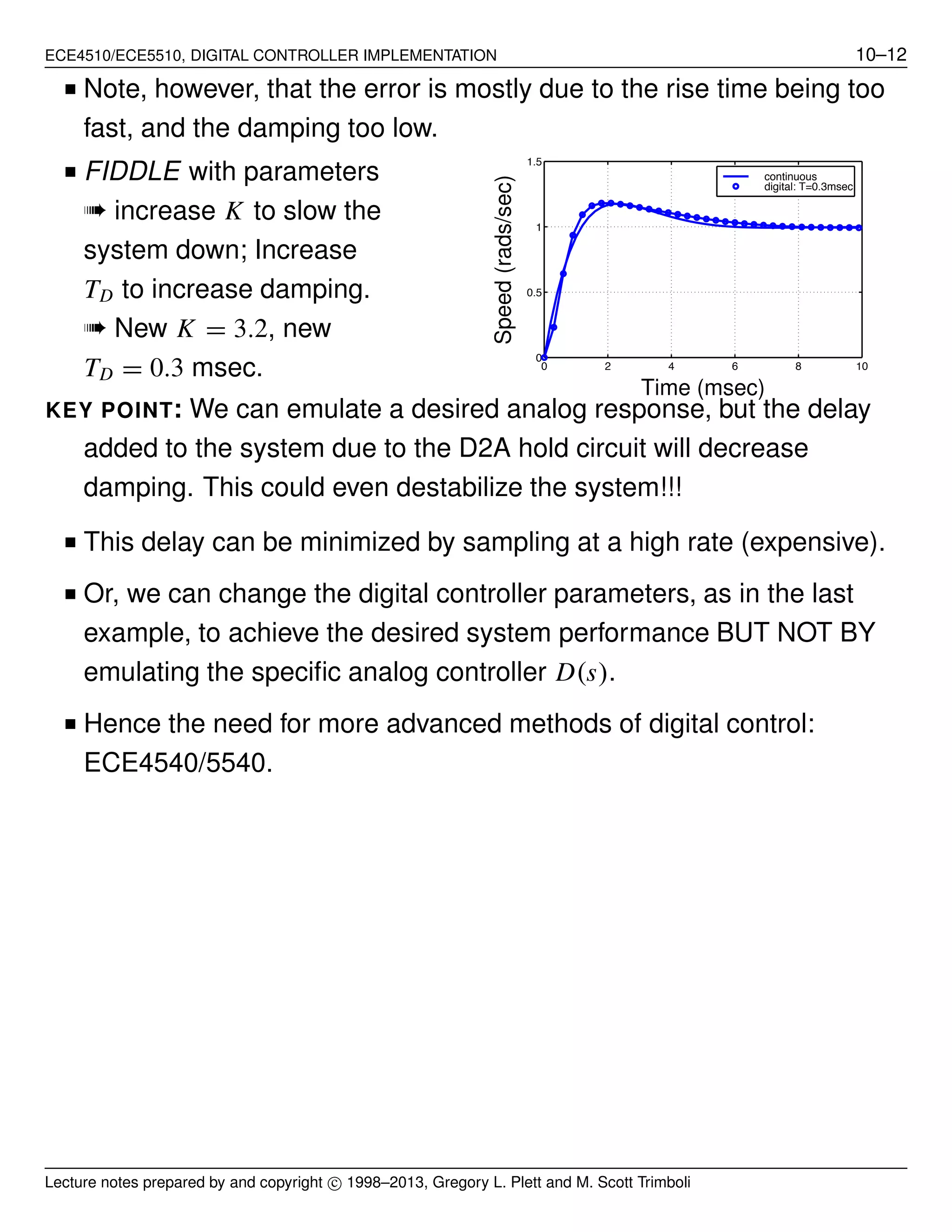 ECE4510/ECE5510, DIGITAL CONTROLLER IMPLEMENTATION 10–12
■ Note, however, that the error is mostly due to the rise time being too
fast, and the damping too low.
■ FIDDLE with parameters
➠ increase K to slow the
system down; Increase
TD to increase damping.
➠ New K = 3.2, new
TD = 0.3 msec. 0 2 4 6 8 10
0
0.5
1
1.5
continuous
digital: T=0.3msec
Time (msec)
Speed(rads/sec)
KEY POINT: We can emulate a desired analog response, but the delay
added to the system due to the D2A hold circuit will decrease
damping. This could even destabilize the system!!!
■ This delay can be minimized by sampling at a high rate (expensive).
■ Or, we can change the digital controller parameters, as in the last
example, to achieve the desired system performance BUT NOT BY
emulating the speciﬁc analog controller D(s).
■ Hence the need for more advanced methods of digital control:
ECE4540/5540.
Lecture notes prepared by and copyright c⃝ 1998–2013, Gregory L. Plett and M. Scott Trimboli
 