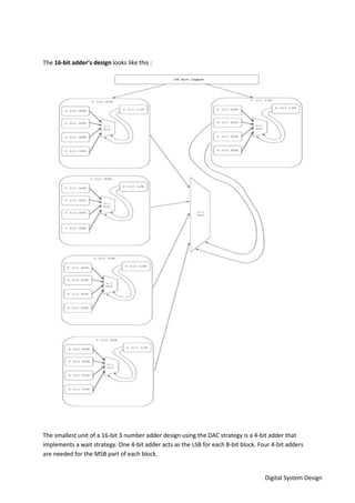 Digital System Design
The 16-bit adder’s design looks like this :
The smallest unit of a 16-bit 3 number adder design using the DAC strategy is a 4-bit adder that
implements a wait strategy. One 4-bit adder acts as the LSB for each 8-bit block. Four 4-bit adders
are needed for the MSB part of each block.
 