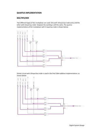 Digital System Design
Two different types of 4x1 multiplexer are used. One with 10input bus node entry and the
other with 5input bus node. However the working is still the same. The quartus
implementation of 4x1 multiplexer with 5 input bus node is shown below:
Similar circuit with 10input bus node is used in the final 16bit addition implementation, as
shown below:
 