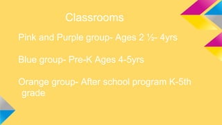 Classrooms
Pink and Purple group- Ages 2 ½- 4yrs
Blue group- Pre-K Ages 4-5yrs
Orange group- After school program K-5th
grade

 