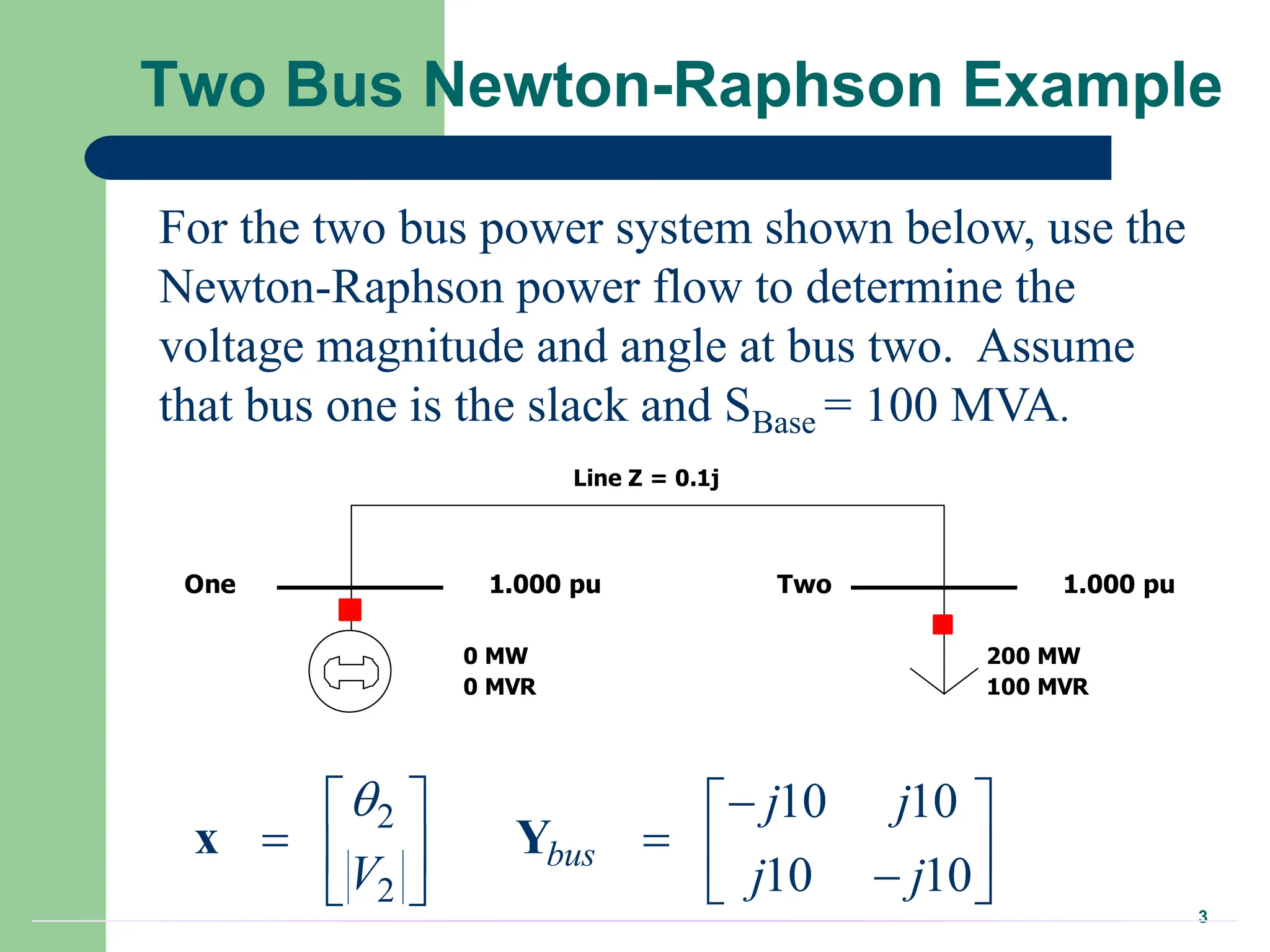 3
Two Bus Newton-Raphson Example
Line Z = 0.1j
One Two
1.000 pu 1.000 pu
200 MW
100 MVR
0 MW
0 MVR
For the two bus power system shown below, use the
Newton-Raphson power flow to determine the
voltage magnitude and angle at bus two. Assume
that bus one is the slack and SBase = 100 MVA.
2
2
10 10
10 10
bus
j j
V j j
 
   
 
   

 
 
x Y
 