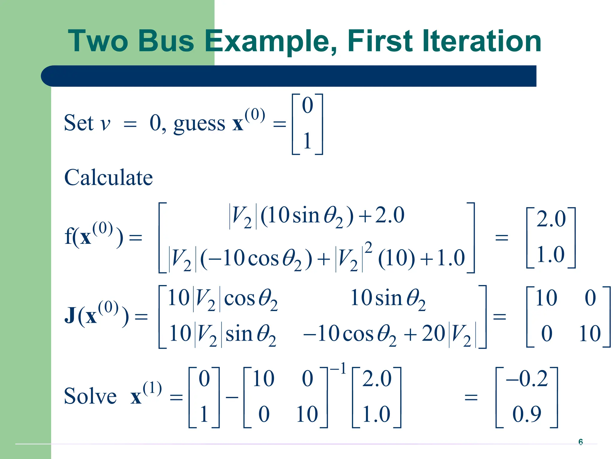 6
Two Bus Example, First Iteration
(0)
2 2
(0)
2
2 2 2
2 2 2
(0)
2 2 2 2
(1)
0
Set 0, guess
1
Calculate
(10sin ) 2.0 2.0
f( )
1.0
( 10cos ) (10) 1.0
10 cos 10sin 10 0
( )
10 sin 10cos 20 0 10
0 10 0
Solve
1 0 10
v
V
V V
V
V V


 
 
 
   
 

   
 
   
    
 
 
   
 
   
   
 
  
 
 
  
x
x
J x
x
1
2.0 0.2
1.0 0.9


    

     
    
 