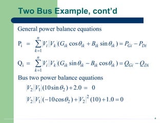 4
Two Bus Example, cont’d
i
1
i
1
2 1 2
2
2 1 2 2
General power balance equations
P ( cos sin )
Q ( sin cos )
Bus two power balance equations
(10sin ) 2.0 0
( 10cos ) (10) 1.0 0
n
i k ik ik ik ik Gi Di
k
n
i k ik ik ik ik Gi Di
k
V V G B P P
V V G B Q Q
V V
V V V
 
 




   
   
 
   


 