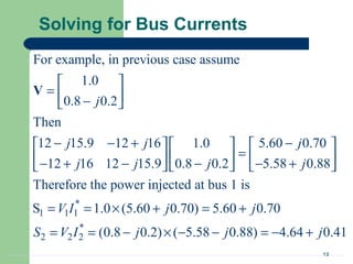 12
Solving for Bus Currents
*
1 1 1
For example, in previous case assume
1.0
0.8 0.2
Then
12 15.9 12 16 1.0 5.60 0.70
12 16 12 15.9 0.8 0.2 5.58 0.88
Therefore the power injected at bus 1 is
S 1.0 (5.60
j
j j j
j j j j
V I
 
=  − 
− − + −     
=     − + − − − +     
= = ×
V
*
2 2 2
0.70) 5.60 0.70
(0.8 0.2) ( 5.58 0.88) 4.64 0.41
j j
S V I j j j
+ = +
= = − × − − = − +
 