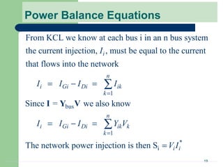 15
Power Balance Equations
1
bus
1
From KCL we know at each bus i in an n bus system
the current injection, , must be equal to the current
that flows into the network
Since = we also know
i
n
i Gi Di ik
k
n
i Gi Di ik k
k
I
I I I I
I I I Y V
=
=
= − =
= − =
∑
∑
I Y V
*
iThe network power injection is then S i iV I=
 