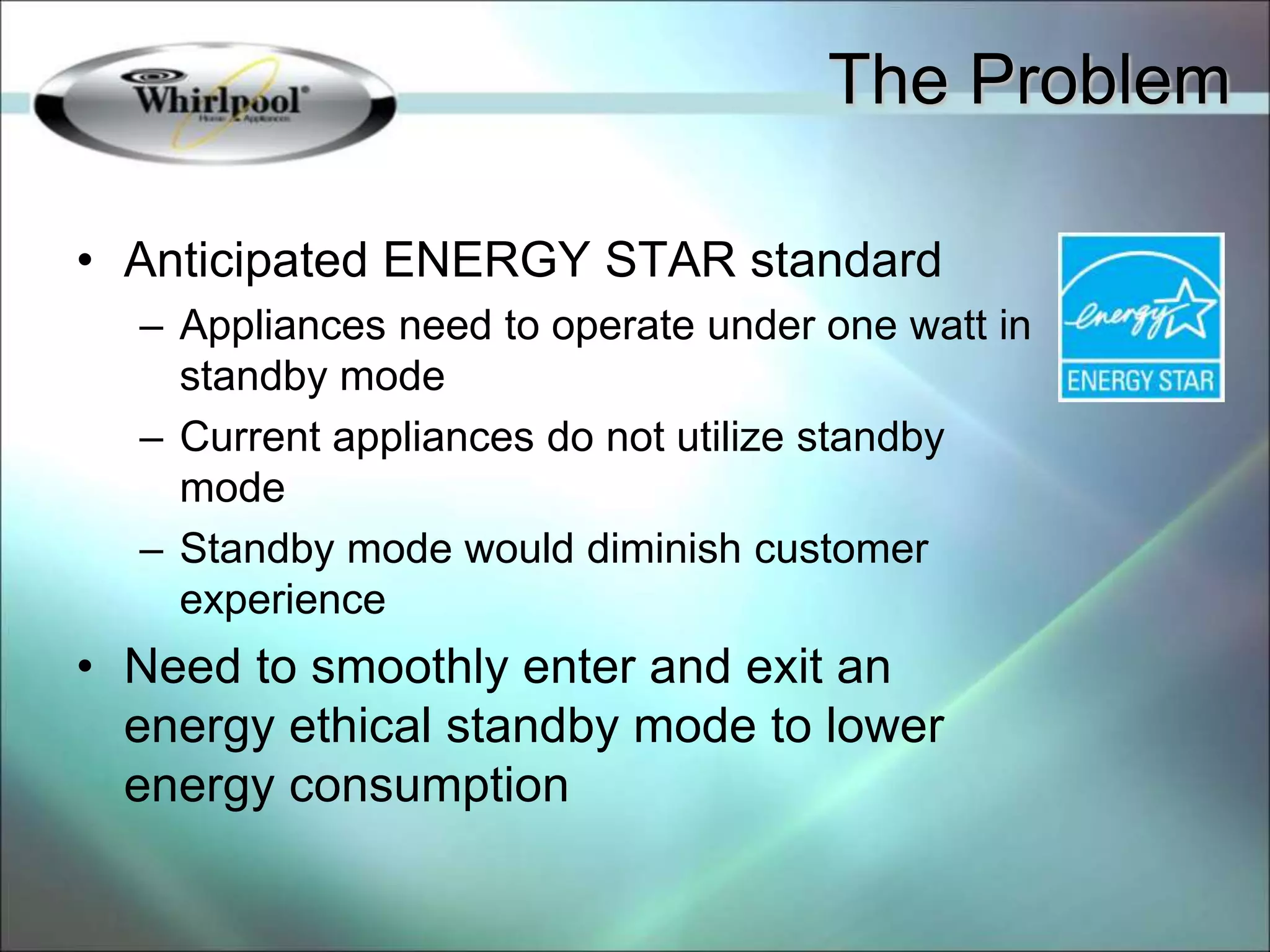 • Anticipated ENERGY STAR standard
– Appliances need to operate under one watt in
standby mode
– Current appliances do not utilize standby
mode
– Standby mode would diminish customer
experience
• Need to smoothly enter and exit an
energy ethical standby mode to lower
energy consumption
The Problem
 