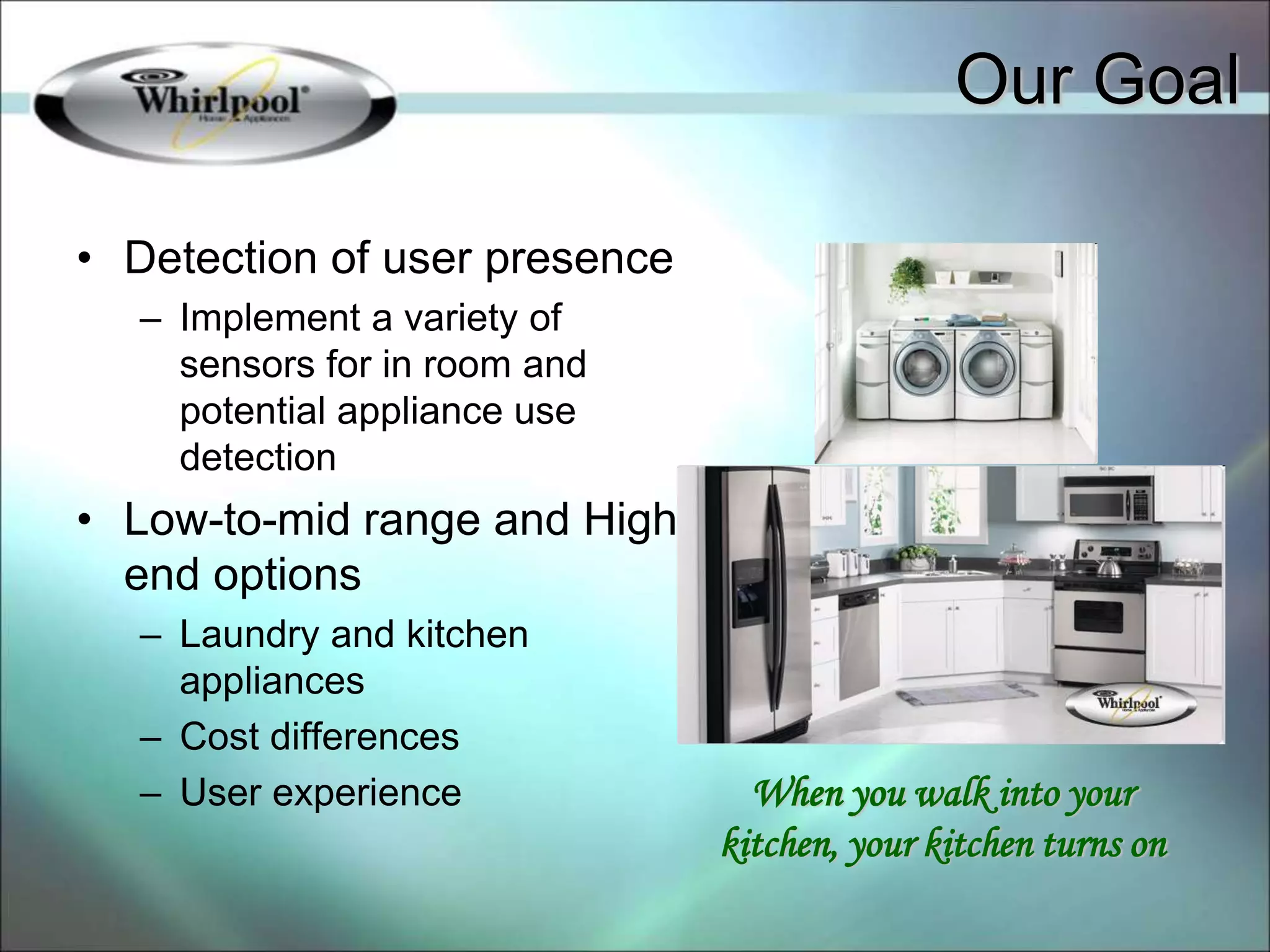 • Detection of user presence
– Implement a variety of
sensors for in room and
potential appliance use
detection
• Low-to-mid range and High-
end options
– Laundry and kitchen
appliances
– Cost differences
– User experience When you walk into your
kitchen, your kitchen turns on
Our Goal
 