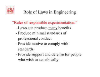 Role of Laws in Engineering	


“Rules of responsible experimentation:”	

 	

- Laws can produce many beneﬁts	

 	

- Produce minimal standards of 	

 	

 	

professional conduct	

 	

- Provide motive to comply with 	

 	

 	

standards	

 	

- Provide support and defense for people 	

 	

 	

who wish to act ethically	

 
