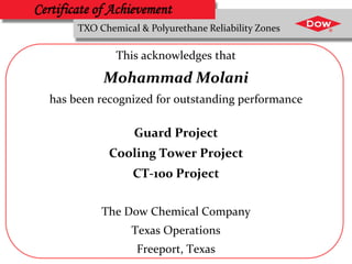 ®
Certificate of Achievement
This acknowledges that
Mohammad Molani
has been recognized for outstanding performance
Guard Project
Cooling Tower Project
CT-100 Project
The Dow Chemical Company
Texas Operations
Freeport, Texas
TXO Chemical & Polyurethane Reliability Zones
 