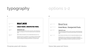 typography options 1-2 	
1 2
Phosphate paired with Helvetica Roboto Slab paired with Roboto
 