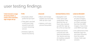 user testing findings	 	
I interviewed a range
of young adults, 3
males and 2 females.
Age ranges 18-32
COLOUR
> Black and Orange
palette was favourite
with all, but 1 user
 Options 3  6 also
proved favourable
NAVIGATION  CTA’S
 Navigation and
CTA’s were well
understood. They
liked the free 24
hours idea, backed
up with the ‘sign up
for a free 30 day trial’
 Mood and Genre
carousel was well
liked and deemed a
‘fun’ device and way
of creating a playlist
for ‘right now’
LOGO  IMAGERY
 The introduction
of colour imagery
had good feedack,
as it had a younger
feel than the BW
imagery. I have since
used BW sparingly
 The refinement of the
Beat Box logo has
also been favoured
from the earlier
‘shouty’ bold caps
versions
TYPE
 All people asked
preferred San Serif
 They didn’t see feel
a serif (even slab)
would fit well with
a music streaming
service
 All liked a light H1,
heavier H2 and H3
 