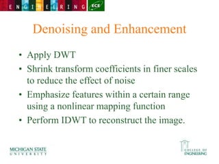 Denoising and Enhancement
• Apply DWT
• Shrink transform coefficients in finer scales
to reduce the effect of noise
• Emphasize features within a certain range
using a nonlinear mapping function
• Perform IDWT to reconstruct the image.
 