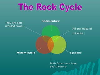 They are both
pressed down.

Sedimentary
All are made of
minerals.

Metamorphic

Igneous

Both Experience heat
and pressure.

 
