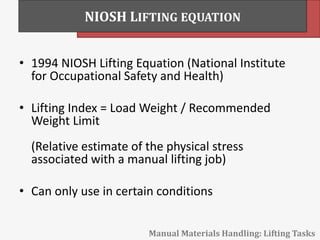 • 1994 NIOSH Lifting Equation (National Institute
for Occupational Safety and Health)
• Lifting Index = Load Weight / Recommended
Weight Limit
(Relative estimate of the physical stress
associated with a manual lifting job)
• Can only use in certain conditions
NIOSH LIFTING EQUATION
Manual Materials Handling: Lifting Tasks
 