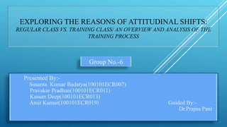 EXPLORING THE REASONS OF ATTITUDINAL SHIFTS:
REGULAR CLASS VS. TRAINING CLASS/ AN OVERVIEW AND ANALYSIS OF THE
TRAINING PROCESS

Group No.-6
Presented By:Susanta Kumar Badatya(100101ECR007)
Pravakar Pradhan(100101ECR011)
Kusum Deep(100101ECR013)
Amit Kumar(100101ECR019)

Guided By:Dr.Prajna Pani

 