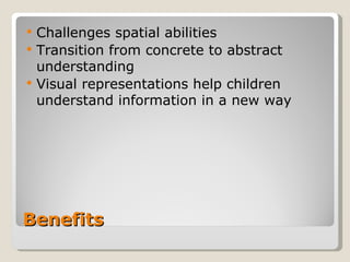 Benefits Challenges spatial abilities Transition from concrete to abstract understanding Visual representations help children understand information in a new way 