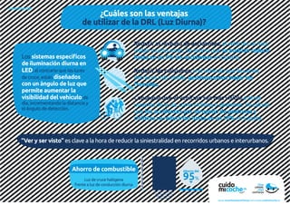 ILUMINACIÓN
¿Cuáles son las ventajas
de utilizar de la DRL (Luz Diurna)?
Los sistemas específicos
de iluminación diurna en
LED, al contrario que las luces
de cruce, están diseñados
con un ángulo de luz que
permite aumentar la
visibilidad del vehículo de
día, incrementando la distancia y
el ángulo de detección.
“Ver y ser visto” es clave a la hora de reducir la siniestralidad en recorridos urbanos e interurbanos.
Reducir el número de accidentes: el vehículo se hace
visible mucho antes. Se estima que se podrían reducir
hasta en un 5% los accidentes en España.
Reducir las colisiones: si el vehículo que llevamos
detrás es más visible, gestionaremos mejor las
frenadas.
Conseguir que el vehículo sea más visible a otros
usuarios de la vía, como ciclistas o peatones. Se calcula
que los accidentes por atropello de peatones y
ciclistas se reducirían hasta en un 12% en España.
Ahorro de combustible
Luz de cruce halógena
frente a luz de conducción diurna
Luz de cruce halógena
+ iluminación interior +
pilotos de matrícula +
pilotos traseros
Luz de conducción diurna
LED
Ahorro del
95%
Consumodecombustible
www.recambiosdeconfianza.com | www.cuidomicoche.es
 