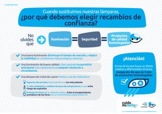 ILUMINACIÓN
Cuando sustituimos nuestras lámparas,
¿por qué debemos elegir recambios de
confianza?
¡Atención!
Si eres de los que busca un efecto
estético y diferenciador en la luz,
asegúrate de que se trate
de productos homologados.
Una buena iluminación disminuye el tiempo de reacción y mejora
la visibilidad en condiciones meteorológicas adversas.
Una iluminación de buena calidad y bien ajustada te permitirá
anticiparte más rápidamente a cualquier obstáculo o
circunstancia.
Una lámpara de cristal de cuarzo frente a una de cristal duro:
Soporta más presión, favoreciendo una luz más potente
Es más resistente a cambios bruscos de temperatura, lo que evita
riesgo de explosión.
Protege los faros de la radiación dañina. Evita el envejecimiento
prematuro de los faros con un recubrimiento especial anti UV.
www.recambiosdeconfianza.com | www.cuidomicoche.es
No
olvides
que
Iluminación Seguridad
Productos
de calidad
homologados
 