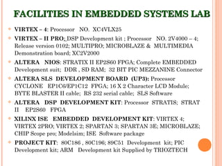 FACILITIES IN EMBEDDED SYSTEMSFACILITIES IN EMBEDDED SYSTEMS LABLAB
 VIRTEX – 4: Processor NO. XC4VLX25
 VIRTEX – II PRO: DSP Development kit ; Processor NO. 2V4000 – 4;
Release version 0102; MULTIPRO; MICROBLAZE & MULTIMEDIA
Demonstration board; XC2V2000
 ALTERA NIOS: STRATIX II EP2S60 FPGA; Complete EMBEDDED
Development suit; DDR , SD RAM; 32 BIT PIC MEZZANINE Connector
 ALTERA SLS DEVELOPMENT BOARD (UP3): Processor
CYCLONE EP1C6/EP1C12 FPGA; 16 X 2 Character LCD Module;
BYTE BLASTER II cable; RS 232 serial cable; SLS Software
 ALTERA DSP DEVELOPMENT KIT: Processor STRATIS; STRAT
II EP2S60 FPGA
 XILINX ISE EMBEDDED DEVELOPMENT KIT: VIRTEX 4;
VIRTEX 2PRO; VIRTEX 2; SPARTAN 3; SPARTAN 3E; MICROBLAZE;
CHIP Scope pro; Modelsim; ISE Software package
 PROJECT KIT: 80C186 , 80C196; 89C51 Development kit; PIC
Development kit; ARM Development kit Supplied by TRIOZTECH
 