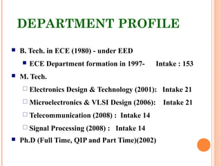 DEPARTMENT PROFILE
 B. Tech. in ECE (1980) - under EED
 ECE Department formation in 1997- Intake : 153
 M. Tech.
 Electronics Design & Technology (2001): Intake 21
 Microelectronics & VLSI Design (2006): Intake 21
 Telecommunication (2008) : Intake 14
 Signal Processing (2008) : Intake 14
 Ph.D (Full Time, QIP and Part Time)(2002)
 