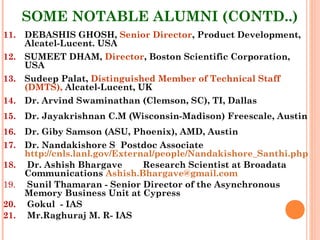 41
SOME NOTABLE ALUMNI (CONTD..)
11. DEBASHIS GHOSH, Senior Director, Product Development,
Alcatel-Lucent. USA
12. SUMEET DHAM, Director, Boston Scientific Corporation,
USA
13. Sudeep Palat, Distinguished Member of Technical Staff
(DMTS), Alcatel-Lucent, UK
14. Dr. Arvind Swaminathan (Clemson, SC), TI, Dallas
15. Dr. Jayakrishnan C.M (Wisconsin-Madison) Freescale, Austin
16. Dr. Giby Samson (ASU, Phoenix), AMD, Austin
17. Dr. Nandakishore S  Postdoc Associate
http://cnls.lanl.gov/External/people/Nandakishore_Santhi.php
18. Dr. Ashish Bhargave        Research Scientist at Broadata
Communications Ashish.Bhargave@gmail.com
19. Sunil Thamaran - Senior Director of the Asynchronous
Memory Business Unit at Cypress
20. Gokul - IAS
21. Mr.Raghuraj M. R- IAS
 